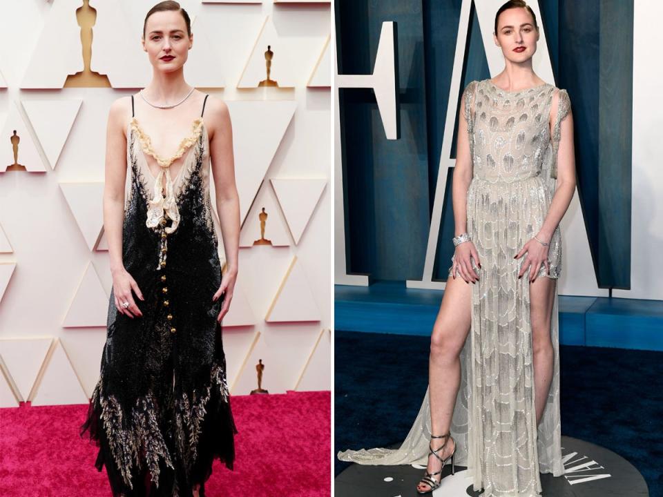 Renate Reinsve at the 2022 Oscars (left) and at the after party (right).