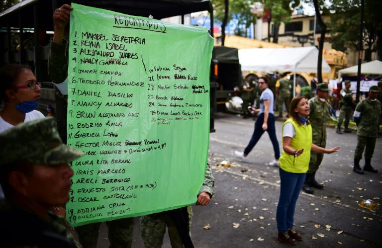 Rescuers hold a sign with names of people rescued in Mexico City