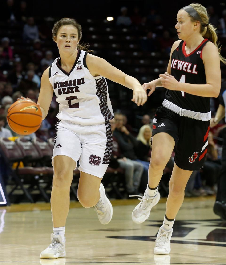 Lindsey Byers, of Missouri State, protects the ball during the Lady Bears game against William Jewell at JQH Arena on Friday, Dec. 3, 2021.