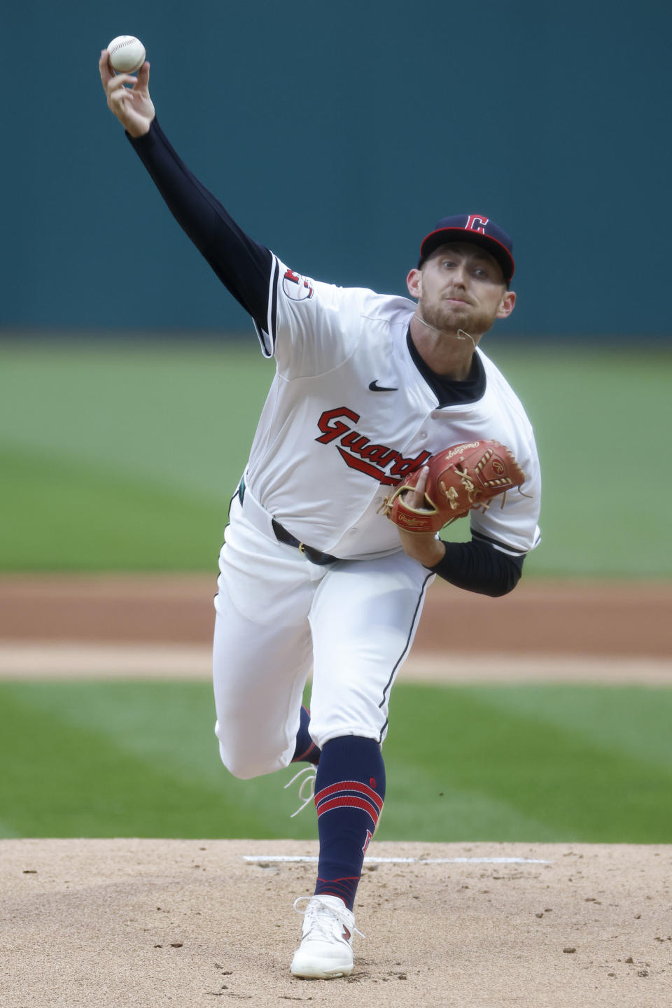 Cleveland Guardians pitcher Tanner Bibee delivers against the Chicago White Sox during the first inning of a baseball game, Wednesday, April 10, 2024, in Cleveland. (AP Photo/Ron Schwane)