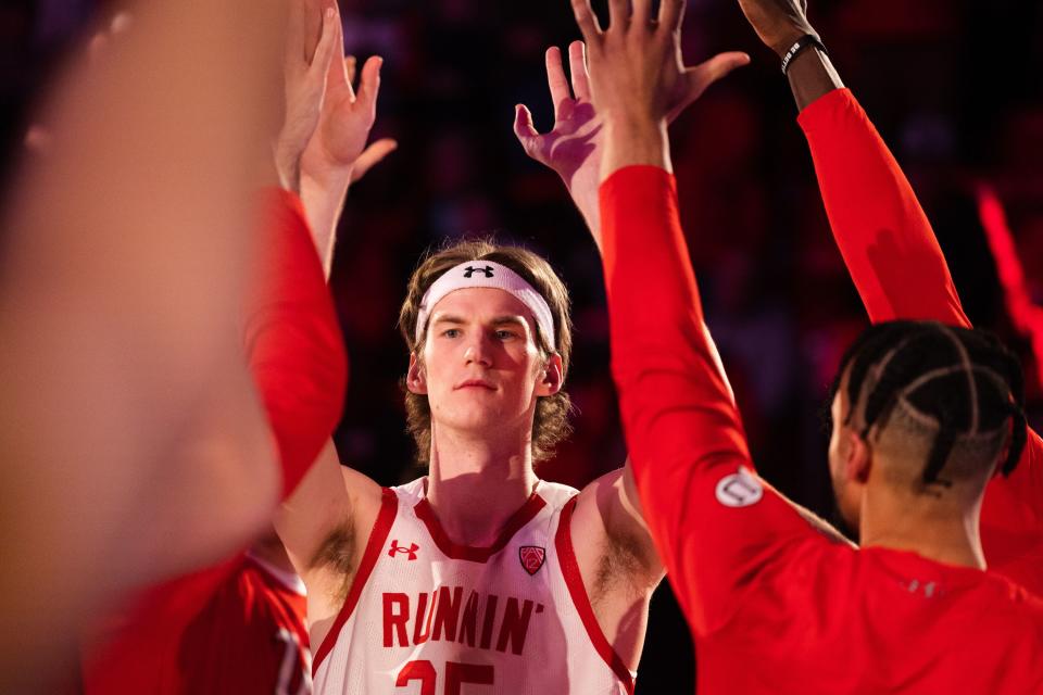 Utah Utes center Branden Carlson is introduced during a game at the Huntsman Center in Salt Lake City,&nbsp;Feb. 25, 2023.