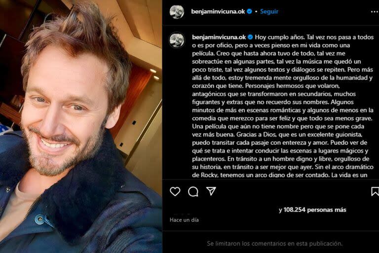 Benjamín Vicuña reflexionó sobre su vida en su cumpleaños número 45 (Captura Instagram @benjaminvicuna.ok)