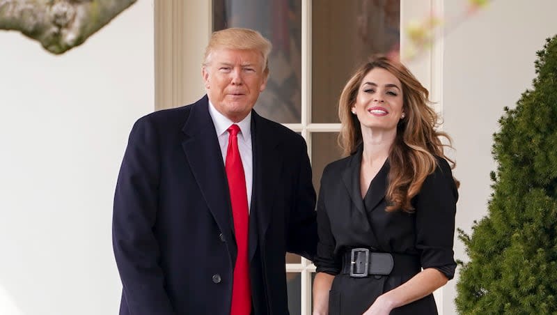 Then-President Donald Trump poses for members of the media with then-White House Communications Director Hope Hicks on her last day before he boards Marine One on the South Lawn of the White House, March 29, 2018, in Washington. Hicks was the final witness to take the stand on Friday, May 3, 2024, in the former president’s criminal trial.