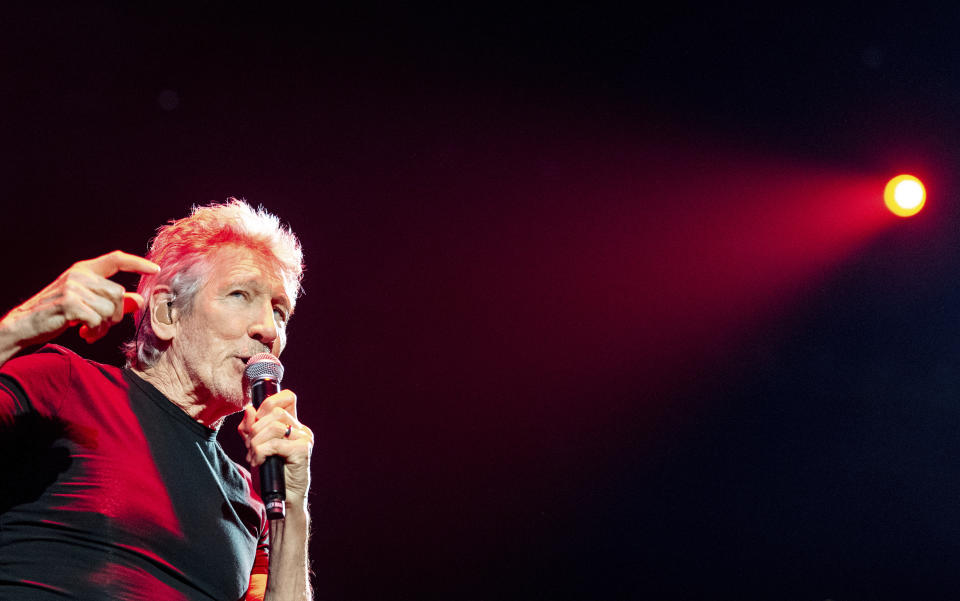 Roger Waters performs at Barclays Arena in Hamburg, Germany, on Sunday, May 7, 2023, to kick off his "This Is Not A Drill" tour of Germany. (Daniel Bockwoldt/dpa via AP)