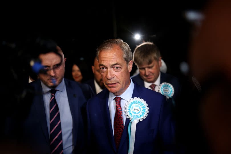 Reform UK leader Nigel Farage arrives for the declaration of results for Clacton