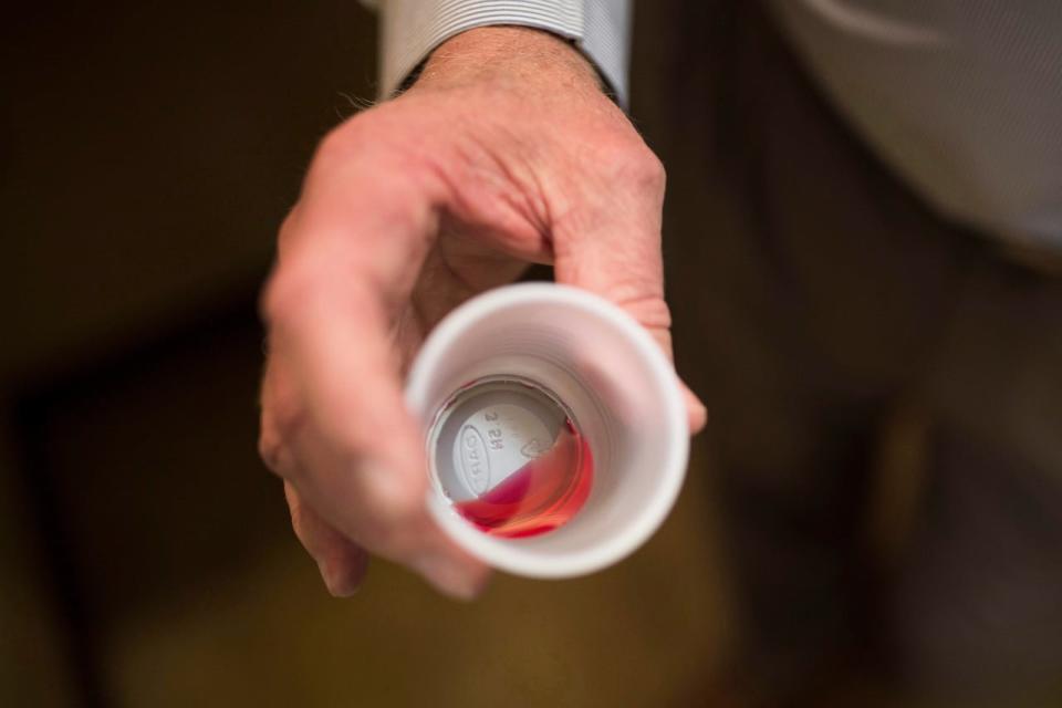 A 35-milligram liquid dose of methadone, which is used to treat opioid addiction, is seen at a Rossville, Ga., clinic in March 2017. The study by the B.C. Centre for Disease Control found the cohort of people who were prescribed pharmaceutical-grade opioids was 55 per cent less likely to die of an overdose the following week. (Kevin D. Liles/Associated Press - image credit)