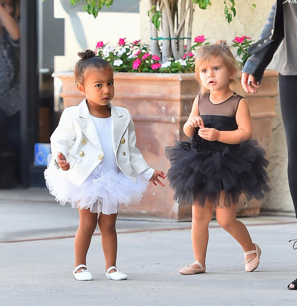 Even though they’re BFFs and do just about everything together, North and Penelope each have their own sense of style. Their Aunt Khloé told Refinery29, “Penelope likes to dress herself, for example, and what she’s drawn to is totally different than what North is drawn to.” She continued, “They go to ballet class together all the time, and P’s always really girly, while North is normally in an all black outfit.” On this particular day, North apparently felt like changing things up. Photo: Splash News