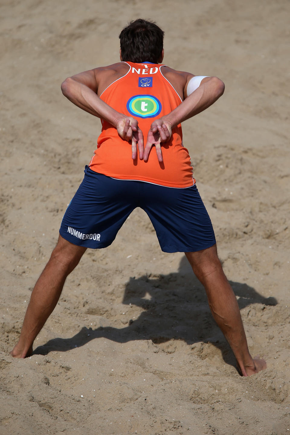 THE HAGUE, NETHERLANDS - JUNE 02: Reinder Nummedor of the Netherlands show tactic during the men?s quarter final match between Reinder Nummerdor and Richard Schuil of Netherlands and Emiel Boersma and Daan Spijkers of Netherlands during the Beach Volleyball European Championships Day 3 at the Hague Beach Stadium on June 2, 2012 in The Hague, Netherlands. Richard Schuil and Emiel Boersma won in 2-0 sets. (Photo by Christof Koepsel/Bongarts/Getty Images)