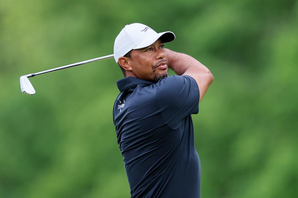 LOUISVILLE, KENTUCKY - MAY 15: Tiger Woods of the United States plays his shot from the eighth tee during a practice round prior to the 2024 PGA Championship at Valhalla Golf Club on May 15, 2024 in Louisville, Kentucky. (Photo by Andy Lyons/Getty Images)