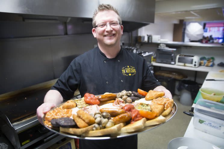 A gut-busting breakfast challenge served on a silver platter has only been beaten by one person