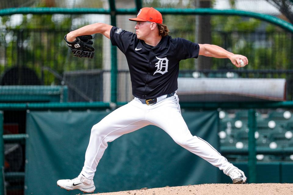 Detroit Tigers pitcher Tyler Holton throws during spring training at TigerTown in Lakeland, Fla. on Friday, Feb. 23, 2024.