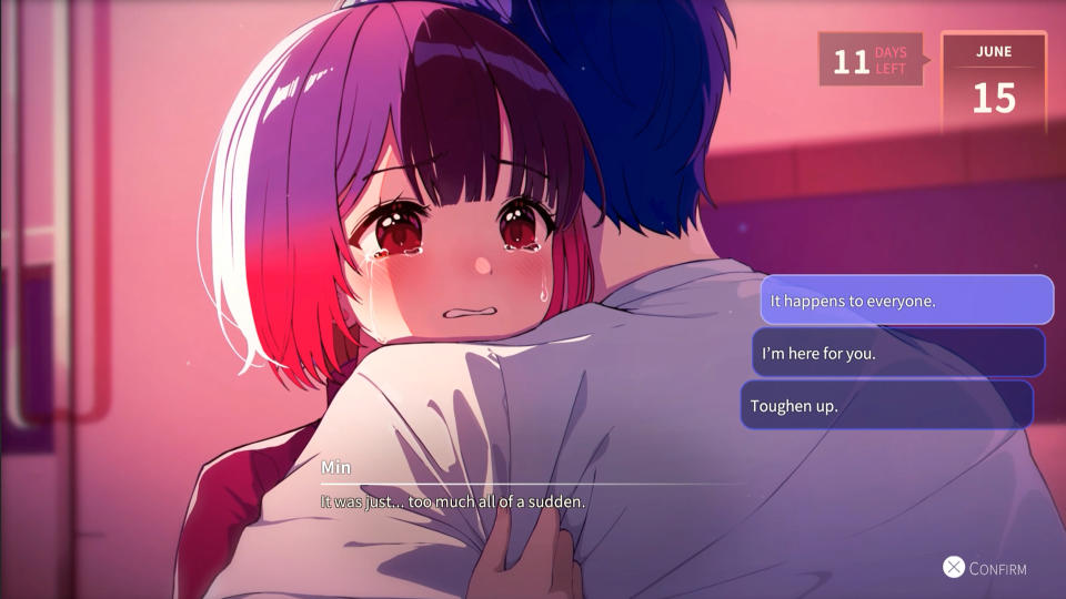 A screenshot of the player character hugging Min in Eternights.