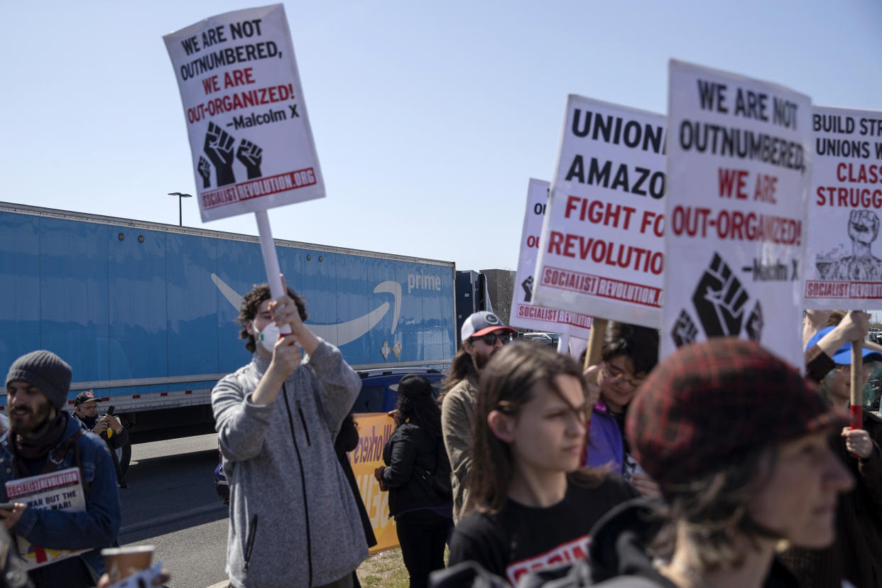 Image: An Amazon Labor Union (ALU) rally in the Staten Island, N.Y., on  April 24, 2022. (Victor J. Blue / Bloomberg via Getty Images)