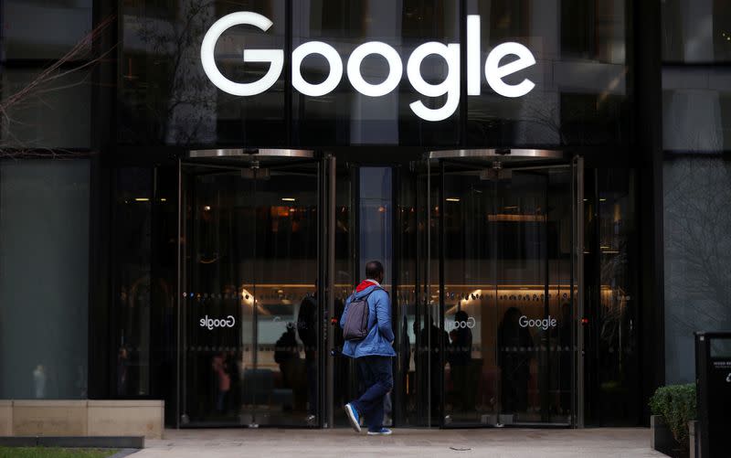 FILE PHOTO: The Google logo is pictured at the entrance to the Google offices in London