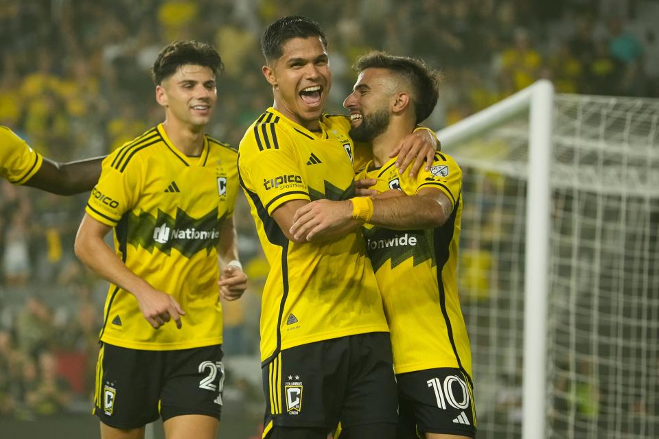 Jul 6, 2024; Columbus, OH, USA; Columbus Crew forward Diego Rossi (10) celebrates scoring a goal with forward Cucho Hernandez (9) during the second half of the MLS soccer match against Toronto FC at Lower.com Field. The Crew won 4-0.