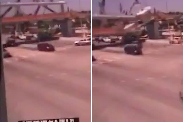 Distressing CCTV footage shows the moment the bridge collapses. Source: LiveLeak