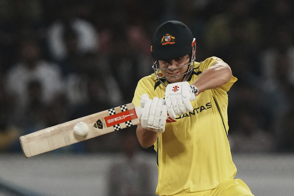 Australia's Cameron Green plays a shot during the third T20 cricket match between India and Australia, in Hyderabad, India, Sunday, Sept. 25, 2022. (AP Photo/Mahesh Kumar A)