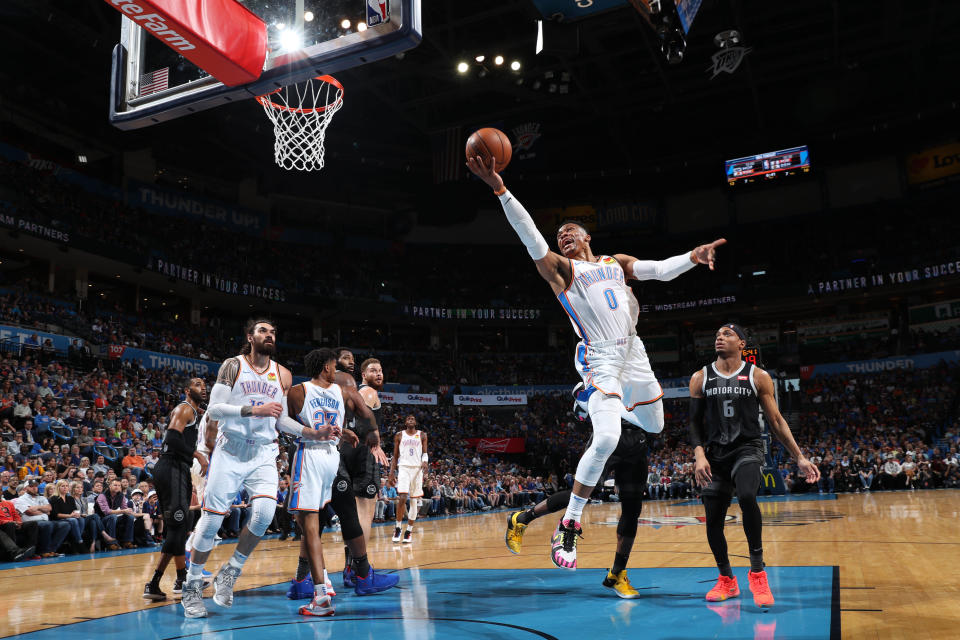 OKLAHOMA CITY, OK- APRIL 5: Russell Westbrook #0 of the Oklahoma City Thunder drives to the basket for layup against the Detroit Pistons on April 5, 2019 at Chesapeake Energy Arena in Oklahoma City, Oklahoma. NOTE TO USER: User expressly acknowledges and agrees that, by downloading and or using this photograph, User is consenting to the terms and conditions of the Getty Images License Agreement. Mandatory Copyright Notice: Copyright 2019 NBAE (Photo by Zach Beeker/NBAE via Getty Images)