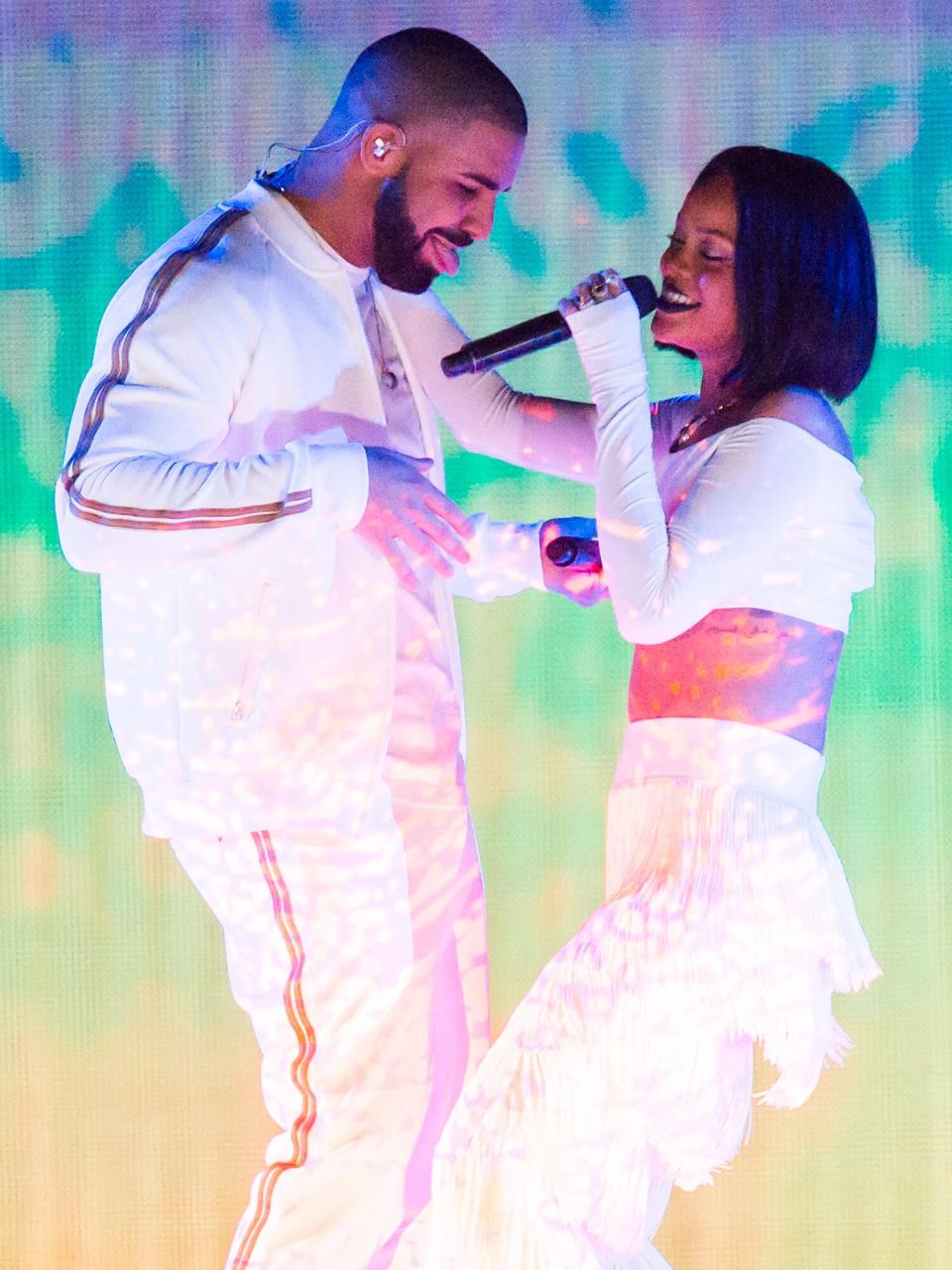 Rihanna perform with Drake at the BRIT Awards 2016 at The O2 Arena on February 24, 2016 in London, England