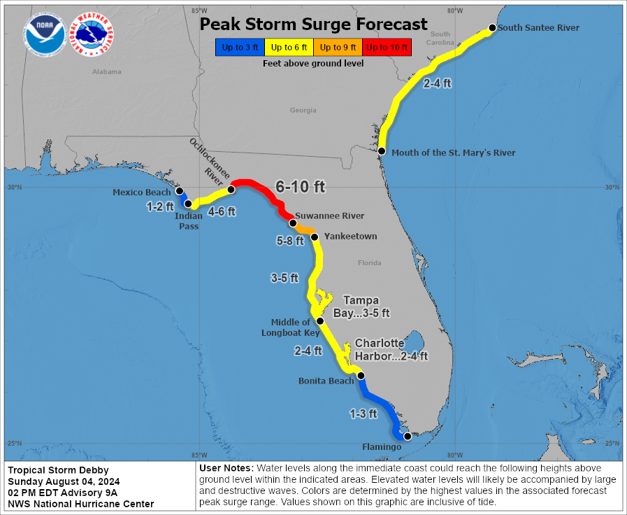 Sunday afternoon storm surge estimates for Tropical Storm Debby. Forecasters warn the storm could push "life-threatening storm surge" into coastal areas near the landfall strike zone.