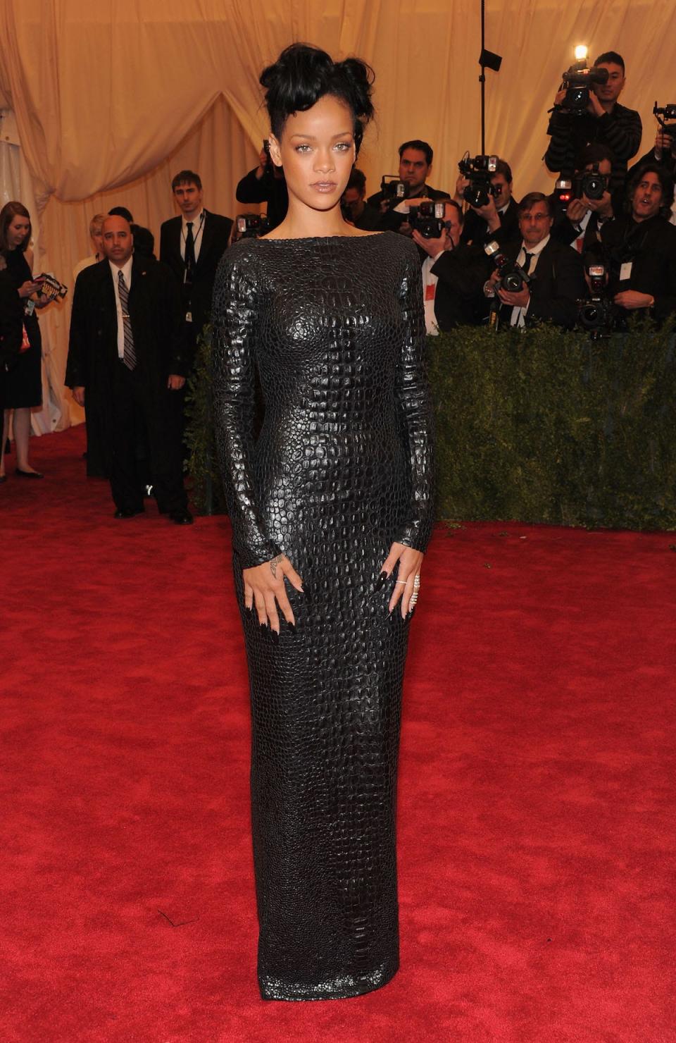 Rihanna wore a black dress to the 2012 Met Gala that appeared to be alligator skinned.
