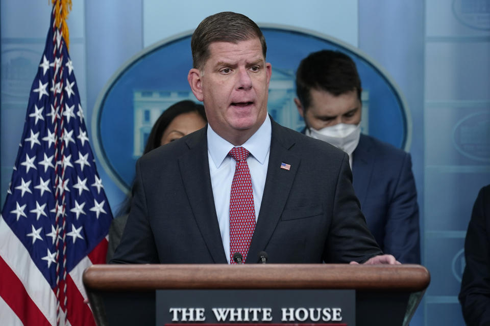 FILE - Labor Secretary Marty Walsh speaks during a briefing at the White House in Washington, May 16, 2022. Walsh is expected to leave the Biden administration to run the National Hockey League Players’ Association, according to two people familiar with his plans. (AP Photo/Susan Walsh, File)