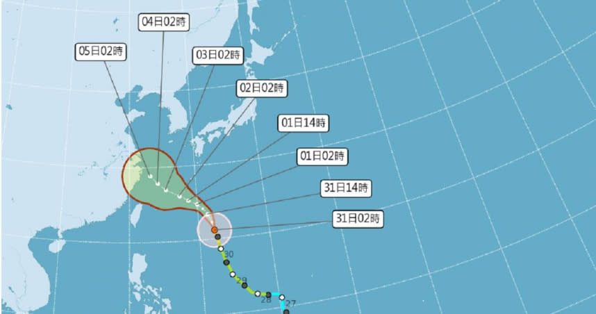 氣象粉專提醒，中颱卡努若在台灣北方滯留太久，恐為中、南部帶來驚人雨勢。（圖／氣象局）