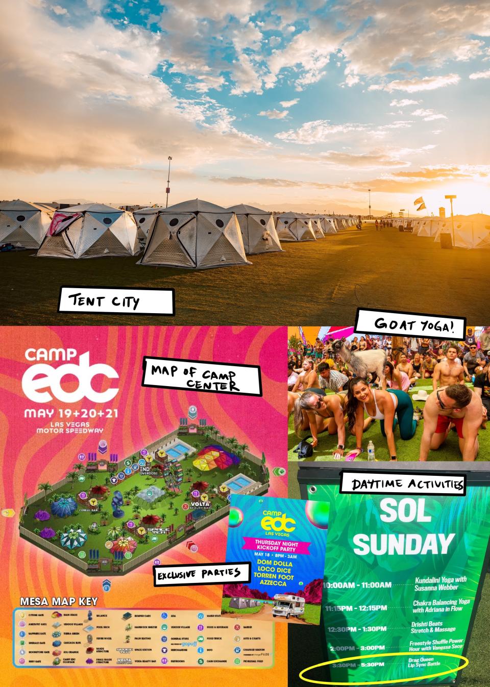 (top) tents at camp edc (bottom) camp edc map and schedule of activities