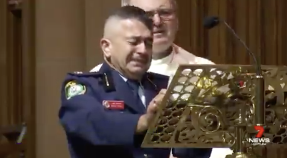 Detective Chief Inspector David Vidal speaks at the funeral of his son Aaron Vidal at St Mary's Cathedral in Sydney