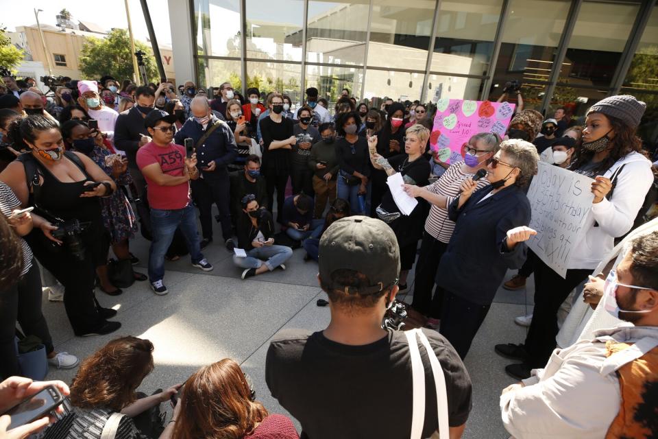 Activist Joey Soloway speaks in support of Netflix employees during a protest in Hollywood.