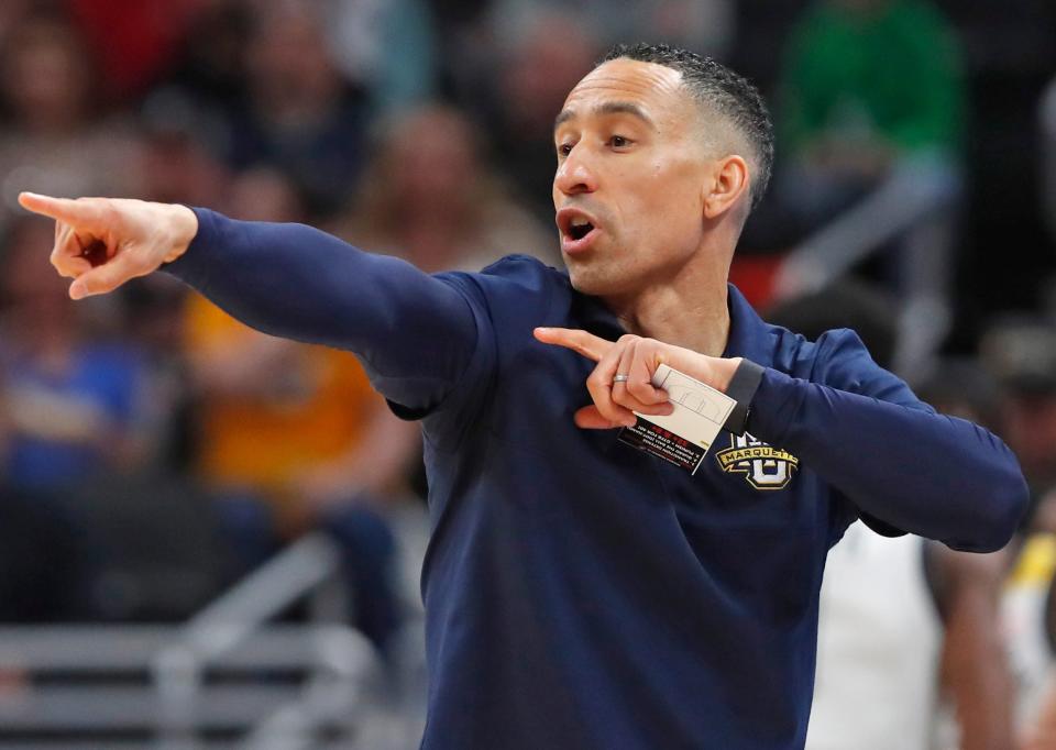 Marquette Golden Eagles head coach Shaka Smart yells down court during NCAA Menâ€™s Basketball Tournament game against the Western Kentucky Hilltoppers, Friday, March 22, 2024, at Gainbridge Fieldhouse in Indianapolis. Marquette Golden Eagles 87-69.