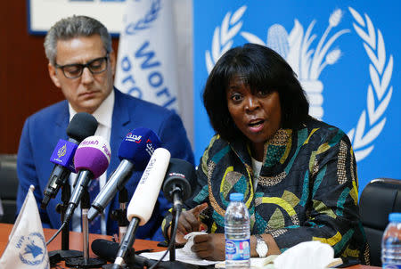 Ertharin Cousin (R), Executive Director of the United Nations World Food Programme, speaks during a news conference discussing the latest challenges the agency is facing in Yemen, in ?Amman, Jordan, March 13, 2017. REUTERS/Muhammad Hamed