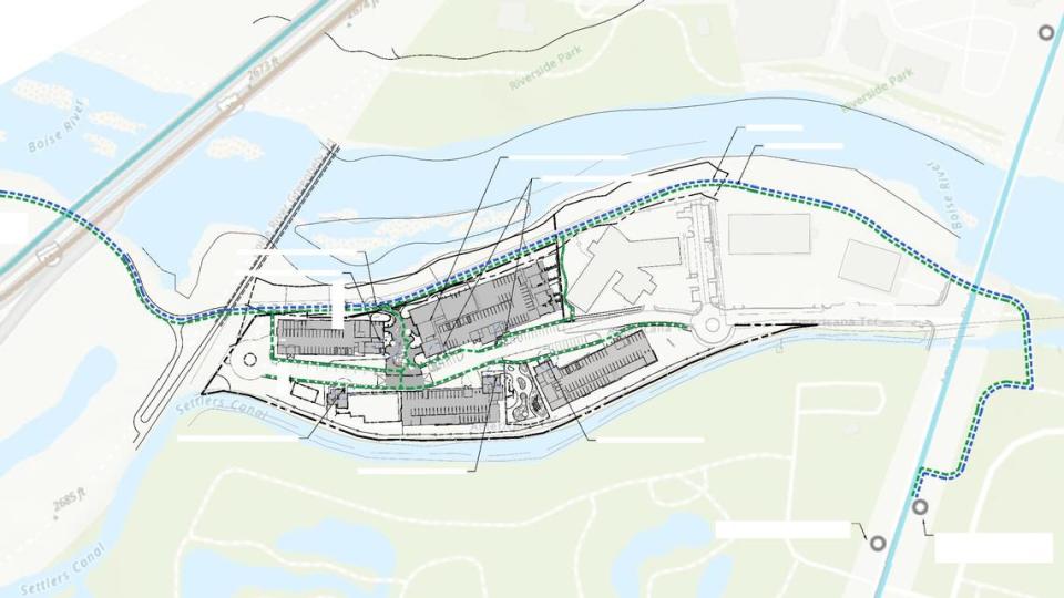 This map shows how the complex would connect into the Boise River Greenbelt with a dotted line north of the site showing a bike and walking path. Kathryn Albertson Park is directly south of the site.