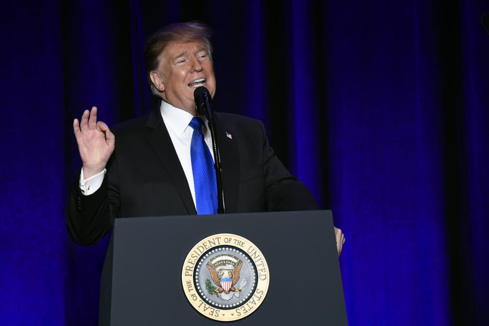 President Donald Trump speaks at the Major County Sheriffs and Major Cities Chiefs Association Joint Conference in Washington, Wednesday, Feb. 13, 2019. (AP Photo/Susan Walsh)