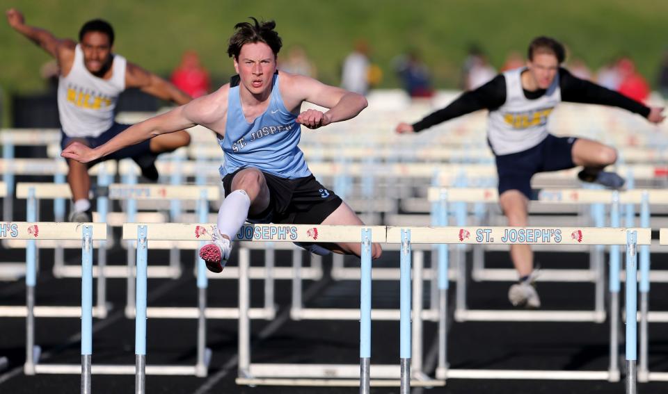 Saint Joseph hurdler Luke Kaufhold took the 110-meter high hurdle crown with a time of 15.01 seconds during the South Bend City Track meet  Thursday, April 27, 2023, at the Saint Joseph High School track.