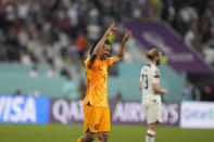 Nathan Ake of the Netherlands reacts at the end of the World Cup round of 16 soccer match between the Netherlands and the United States, at the Khalifa International Stadium in Doha, Qatar, Saturday, Dec. 3, 2022. (AP Photo/Natacha Pisarenko)