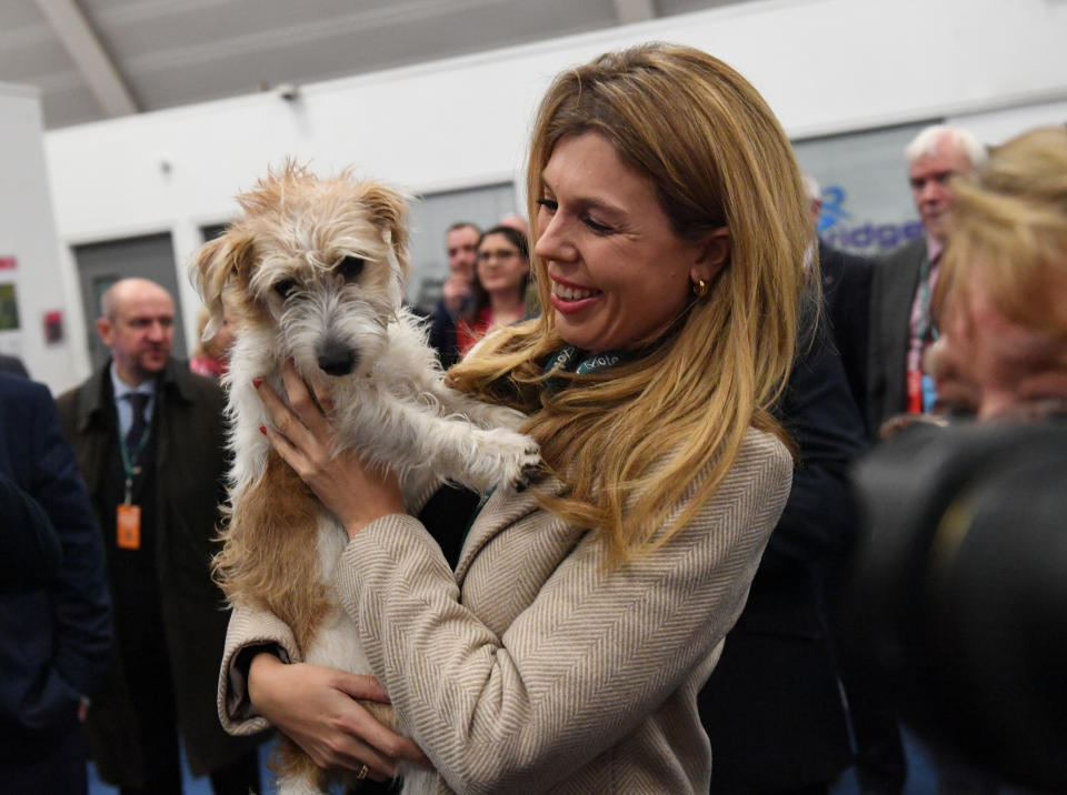 Prime Minister Boris Johnson's partner Carrie Symonds and dog Dilyn arriving for the count for the Uxbridge & Ruislip South constituency in the 2019 General Election.