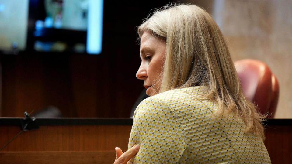 PHOTO: Educator Molly Darnell describes where she was shot by Ethan Crumbley during a hearing, July 27, 2023, in Pontiac, Mich. (Carlos Osorio/AP)