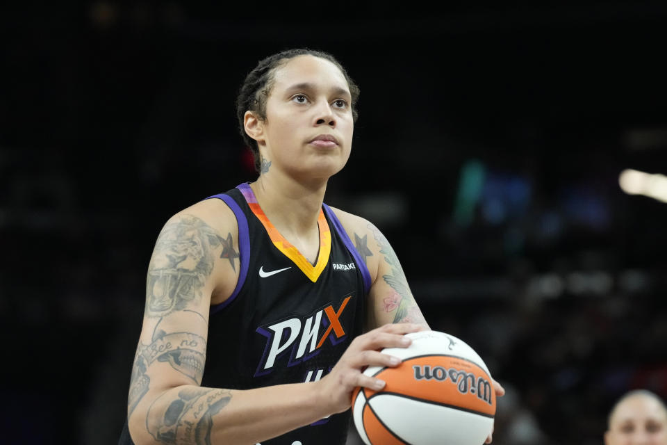 Phoenix Mercury center Brittney Griner shoots a foul shot against the Seattle Storm during the first half of a WNBA basketball game Thursday, Sept. 19, 2024, in Phoenix. (AP Photo/Ross D. Franklin)