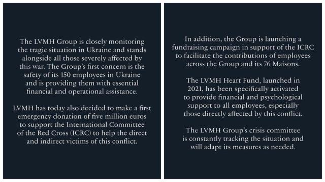 LVMH - The LVMH Group is closely monitoring the tragic situation in Ukraine  and stands alongside all those severely affected by this war. The Group's  first concern is the safety of its