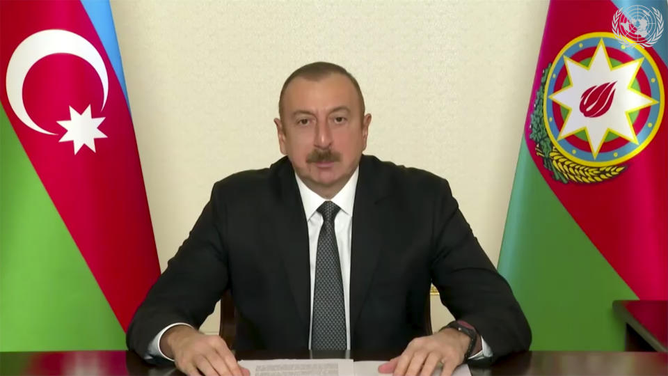 In this image made from UNTV video, President of Azerbaijan Ilham Aliyev, speaks in a pre-recorded message which was played during the U.N. General Assembly's special session to discuss the response to COVID-19 and the best path to recovery from the pandemic, Thursday, Dec. 3,2020, at UN headquarters, in New York. (UNTV via AP)