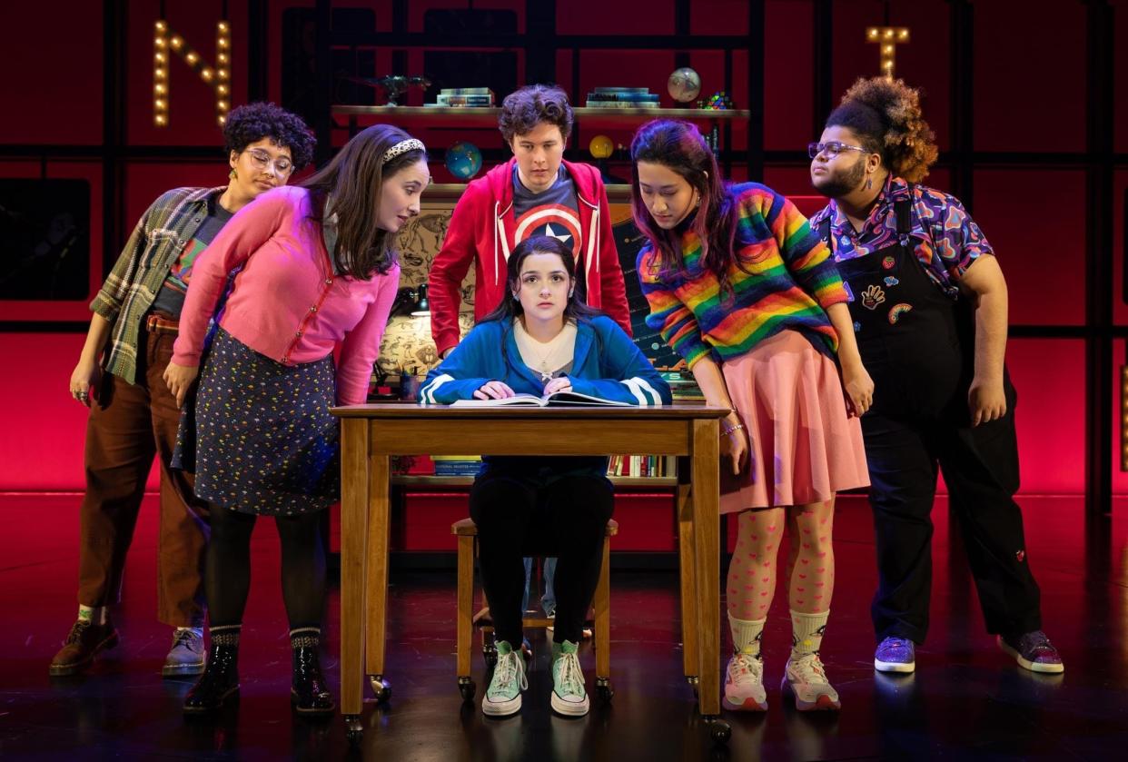 Madison Kopec, center and seated, appears in a scene from the new Broadway musical "How to Dance in Ohio," which premiered Dec. 10, 2023, at the Belasco Theatre in New York City. The coming-of-age musical is based on an HBO documentary about autistic people, and the actors in the ensemble also are autistic.