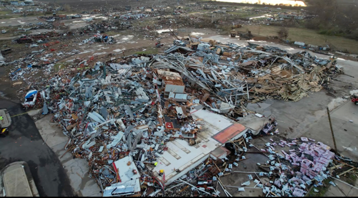 An aerial view of the aftermath of a tornado in Rolling Fork, Mississippi (SevereStudios.com/Jordan Hall/via Reuters)