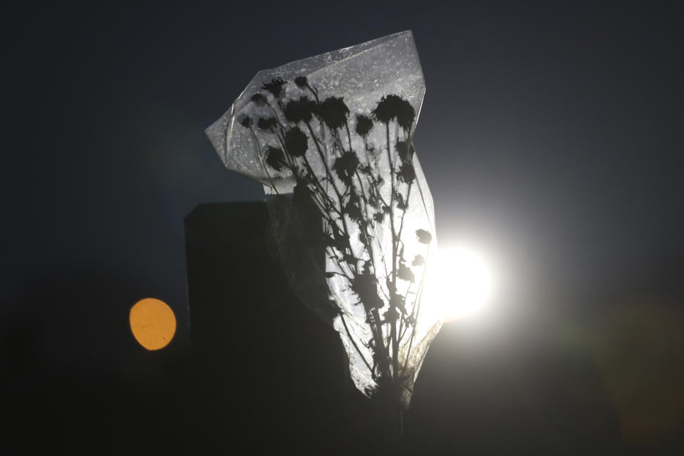 In this Friday, July 30, 2021, flowers placed on the grave at the special section of the Pedurenan cemetery designated to accommodate the surge in deaths during the coronavirus outbreak in Bekasi, West Java, Indonesia. Indonesia surpassed the grim milestone of 100,000 official COVID-19 deaths on Wednesday, Aug. 4, 2021, as the country struggles with its worst pandemic year fueled by the delta variant, with growing concerns that the actual figure could be much higher with people also dying at home. (AP Photo/Achmad Ibrahim)