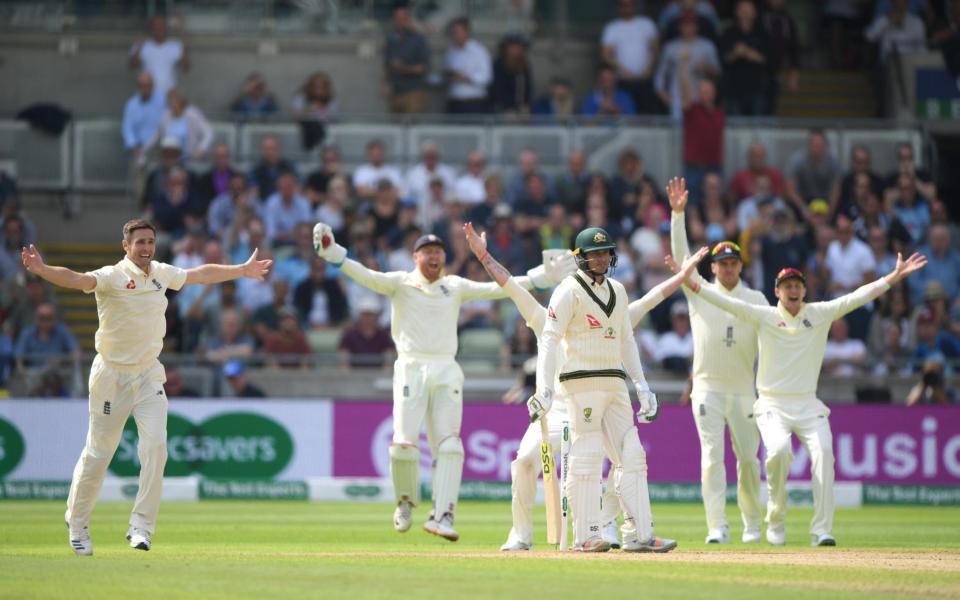 England bowler Chris Woakes appeals for the wicket of Usman Khawaja which is given out after review during day one of the First Specsavers Ashes Test Match between England and Australia at Edgbaston on August 01, 2019 in Birmingham, England -  Getty Images Europe