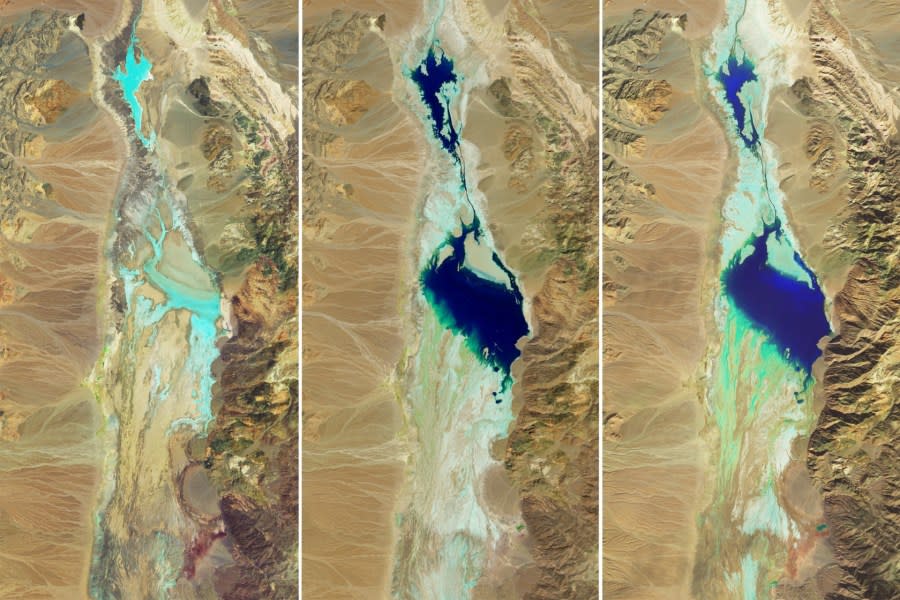 False-color satellite images of Badwater Basin in Death Valley National Park. The light blue areas are damp, and dark blue is standing water. From left to right, they are July 5, 2023 (before Hurricane Hilary), Aug. 30, 2023 (10 days after Hurricane Hilary), and Feb. 14, 2024 (one week after atmospheric river). (NASA Earth Observatory images by Wanmei Liang, using Landsat data from the U.S. Geological Survey)