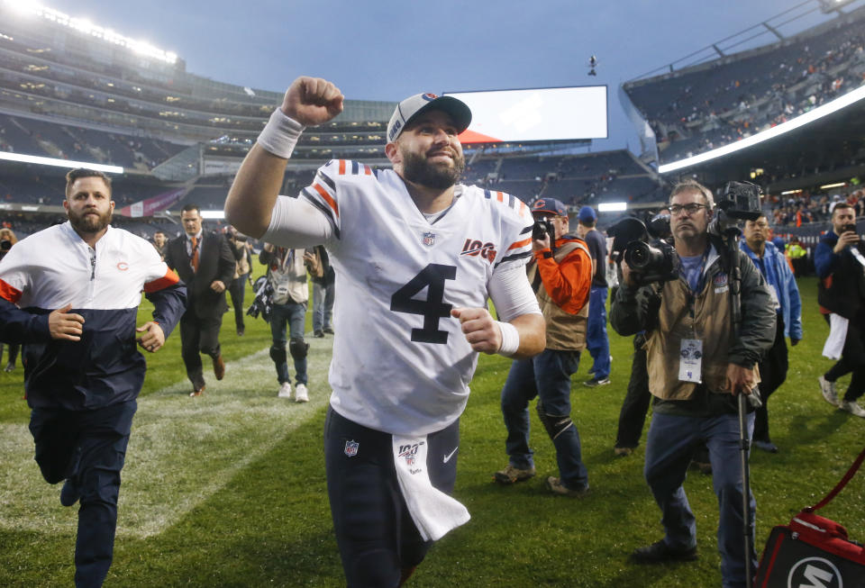 CHICAGO, ILLINOIS - SEPTEMBER 29:  Chase Daniel #4 of the Chicago Bears celebrates his team's 16-6 win over the Minnesota Vikings at Soldier Field on September 29, 2019 in Chicago, Illinois. (Photo by Nuccio DiNuzzo/Getty Images)