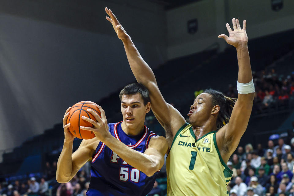 Florida Atlantic center Vladislav Goldin (50) looks to pass against Charlotte center Dishon Jackson during the first half of an NCAA basketball game in Charlotte, N.C., Saturday, Jan. 6, 2024. (AP Photo/Nell Redmond)