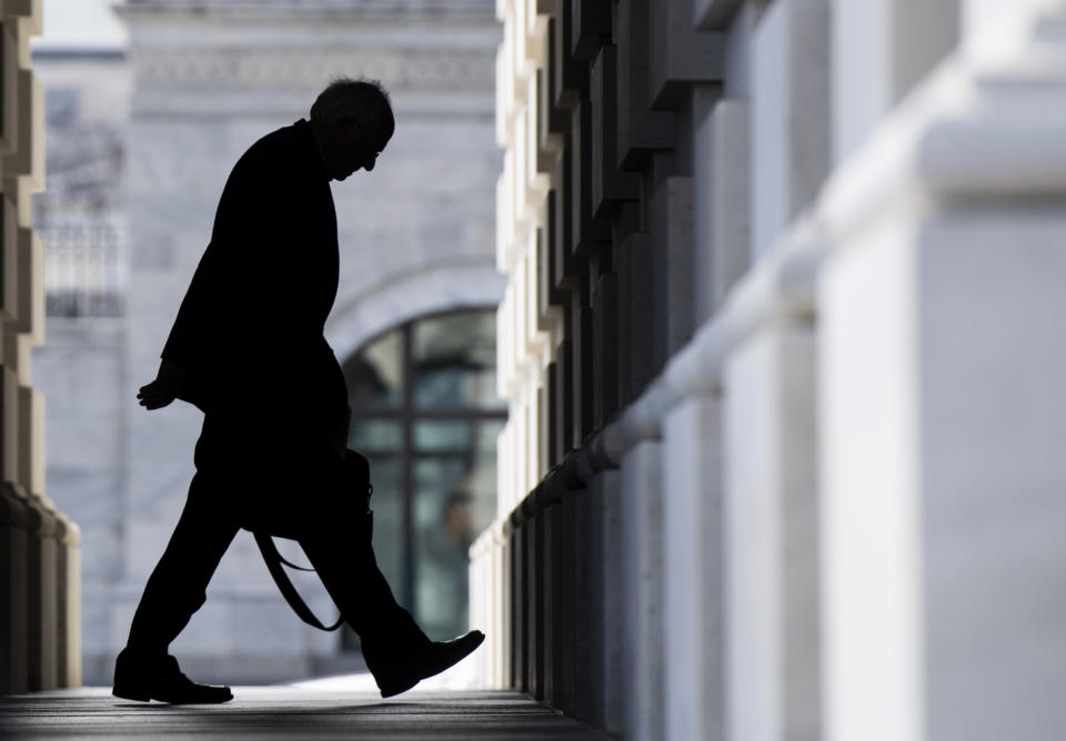 Sen. Bernie Sanders, I-Vt., arrives at the Capitol for a vote on a coronavirus bill amendment on Wednesday, March 18, 2020. (Bill Clark/CQ-Roll Call, Inc via Getty Images)