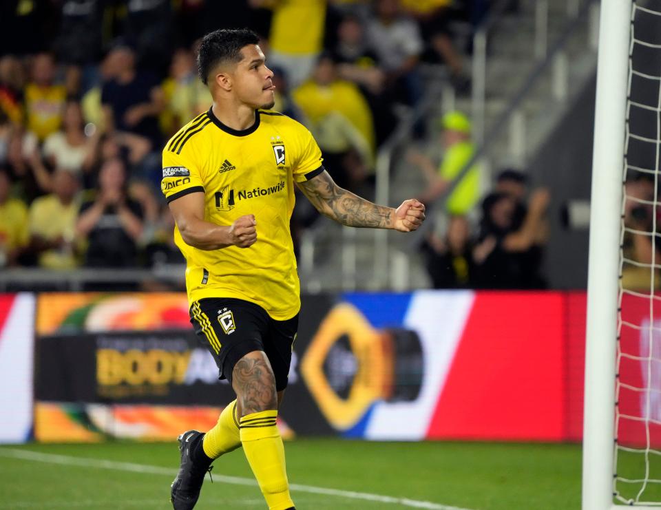 Crew forward Cucho Hernandez celebrates a goal against Club America on Monday.